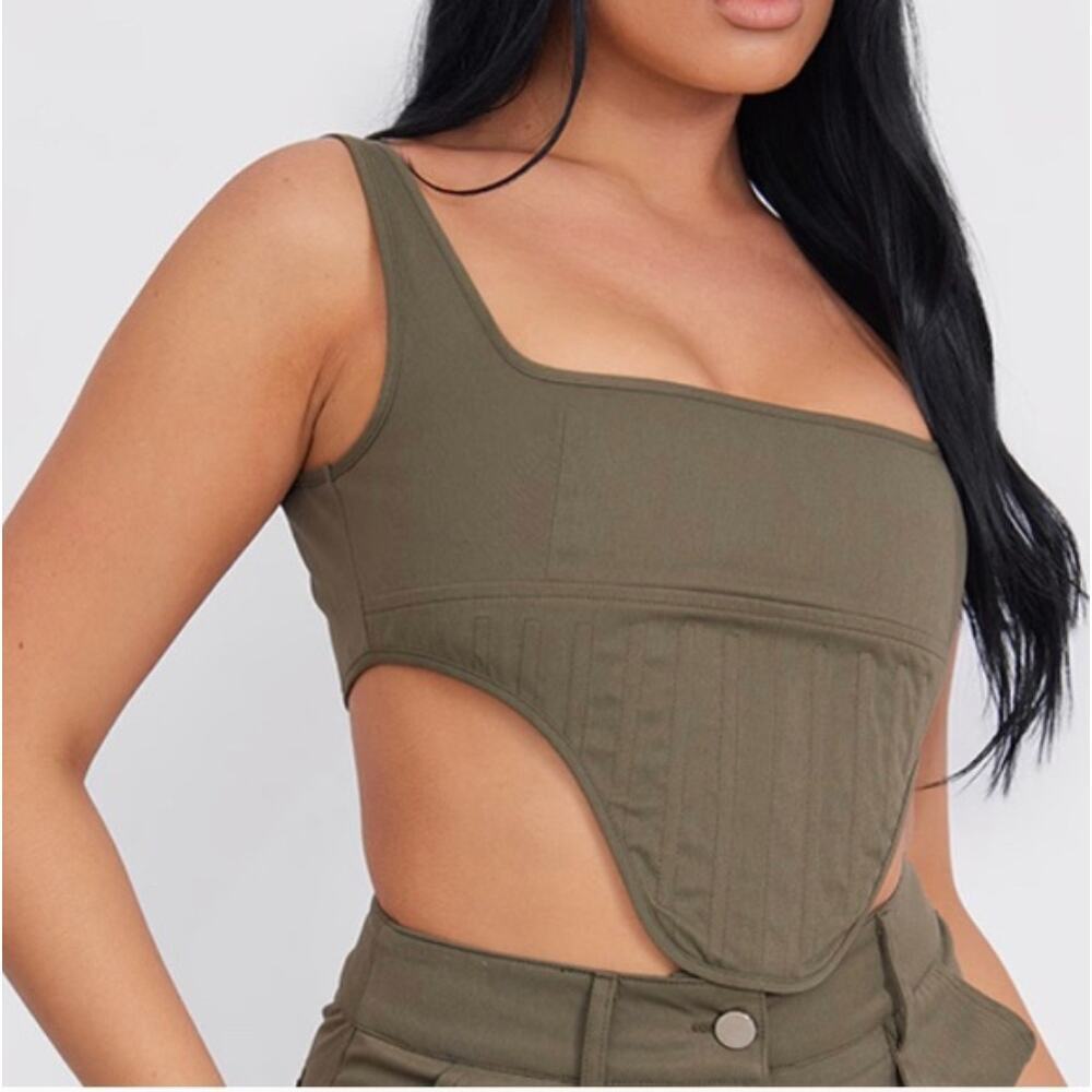 PLT Olive Green Structured Dip Hem Cargo Crop Corset Bustier Sz 14 Y2K Utility - Picture 14 of 14